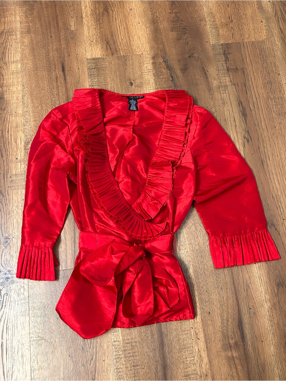 Christmas Festive! madison leigh Red Satin Ruffle Wrap Blouse with Waist Tie